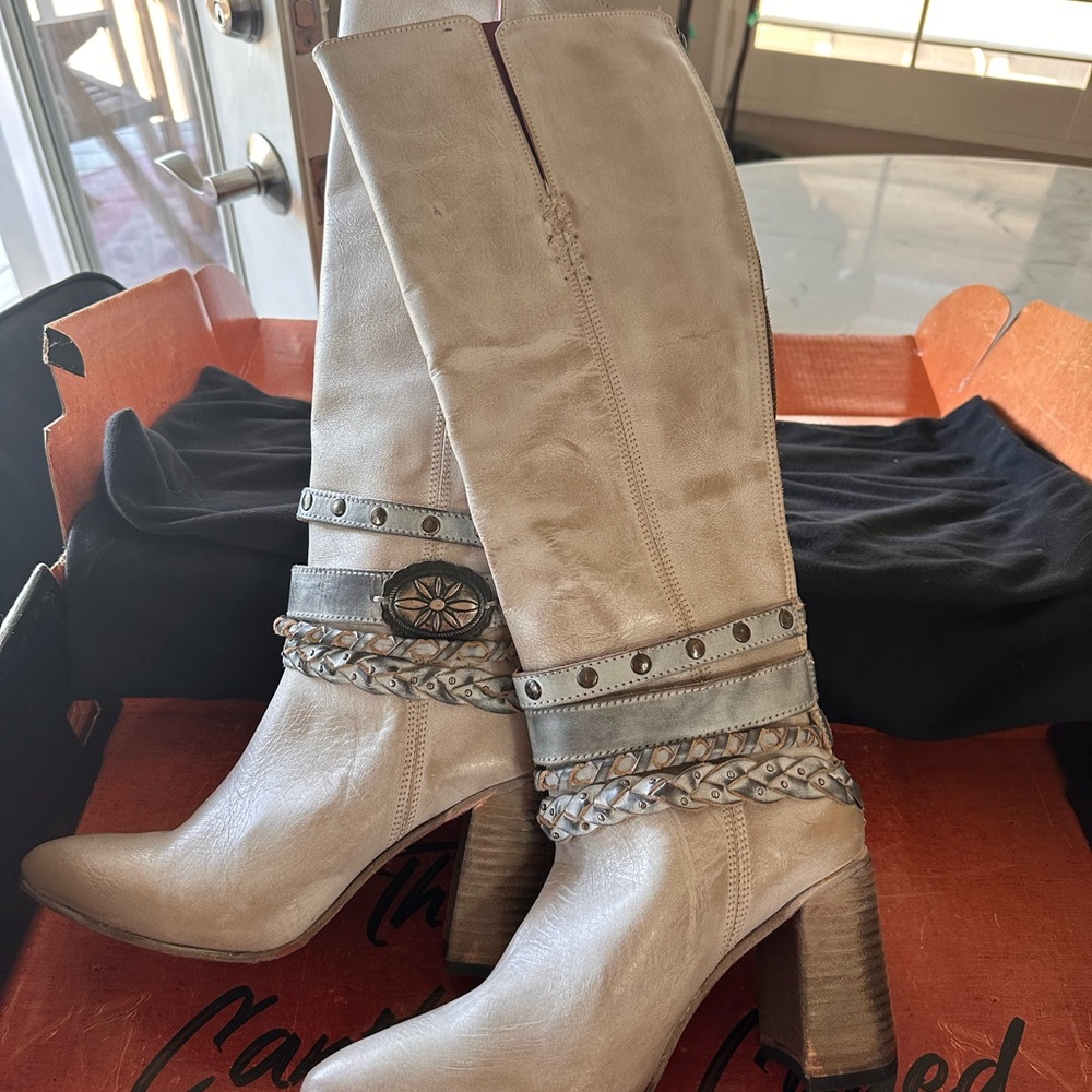 Freebird Cream Heeled Boots with Studded Straps